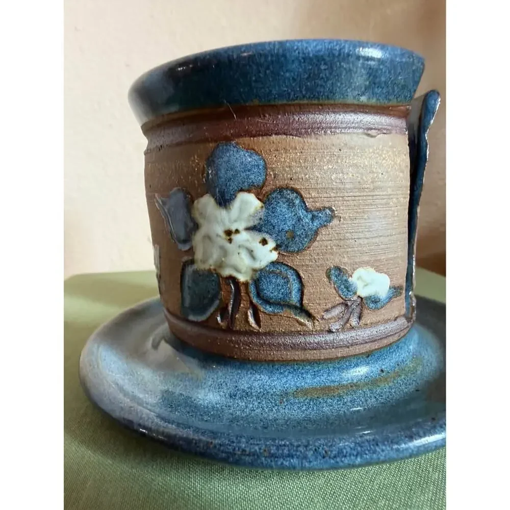 Signed Studio Pottery Floral Candle Holder – Handcrafted Blue & Brown Stoneware